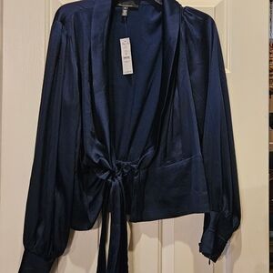 Silk Navy Tie-Front Blouse